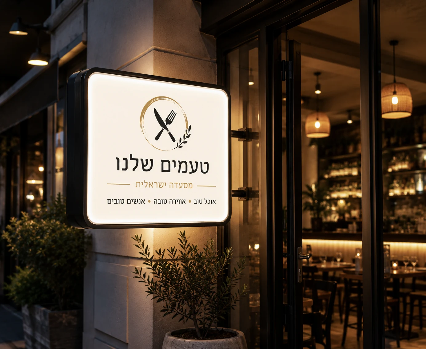 שלט מרובע סטטי מואר לחזית מסעדה — דוגמה להמחשה