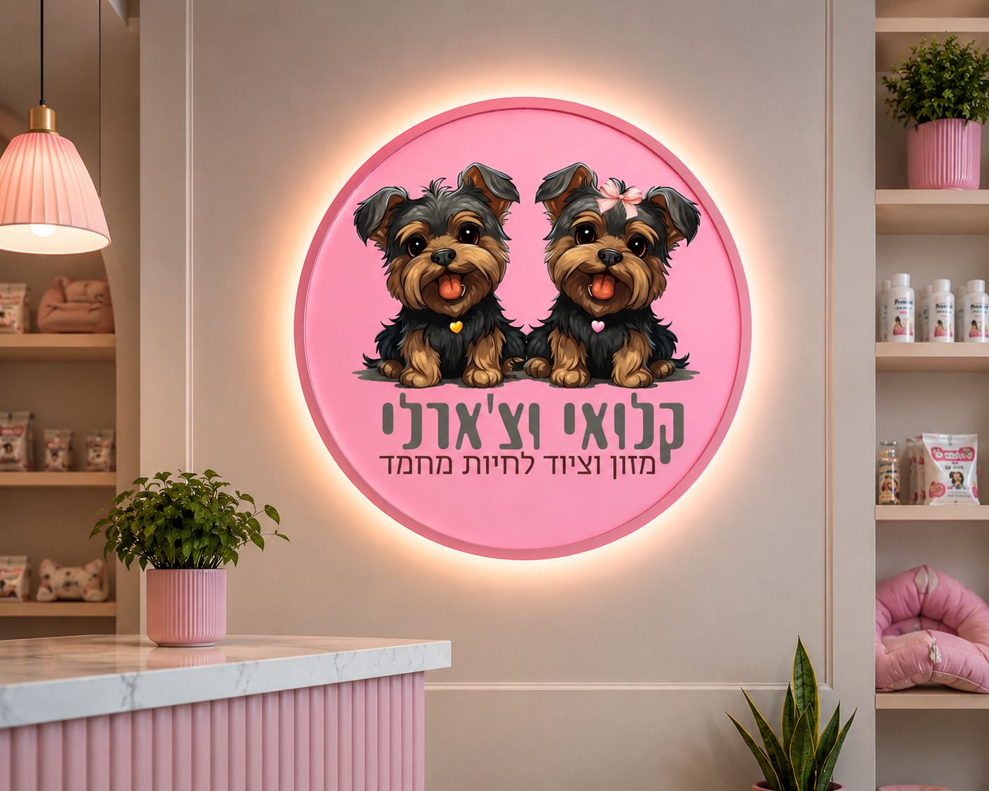 שלט עגול מואר לחנות חיות מחמד — דוגמה להמחשה