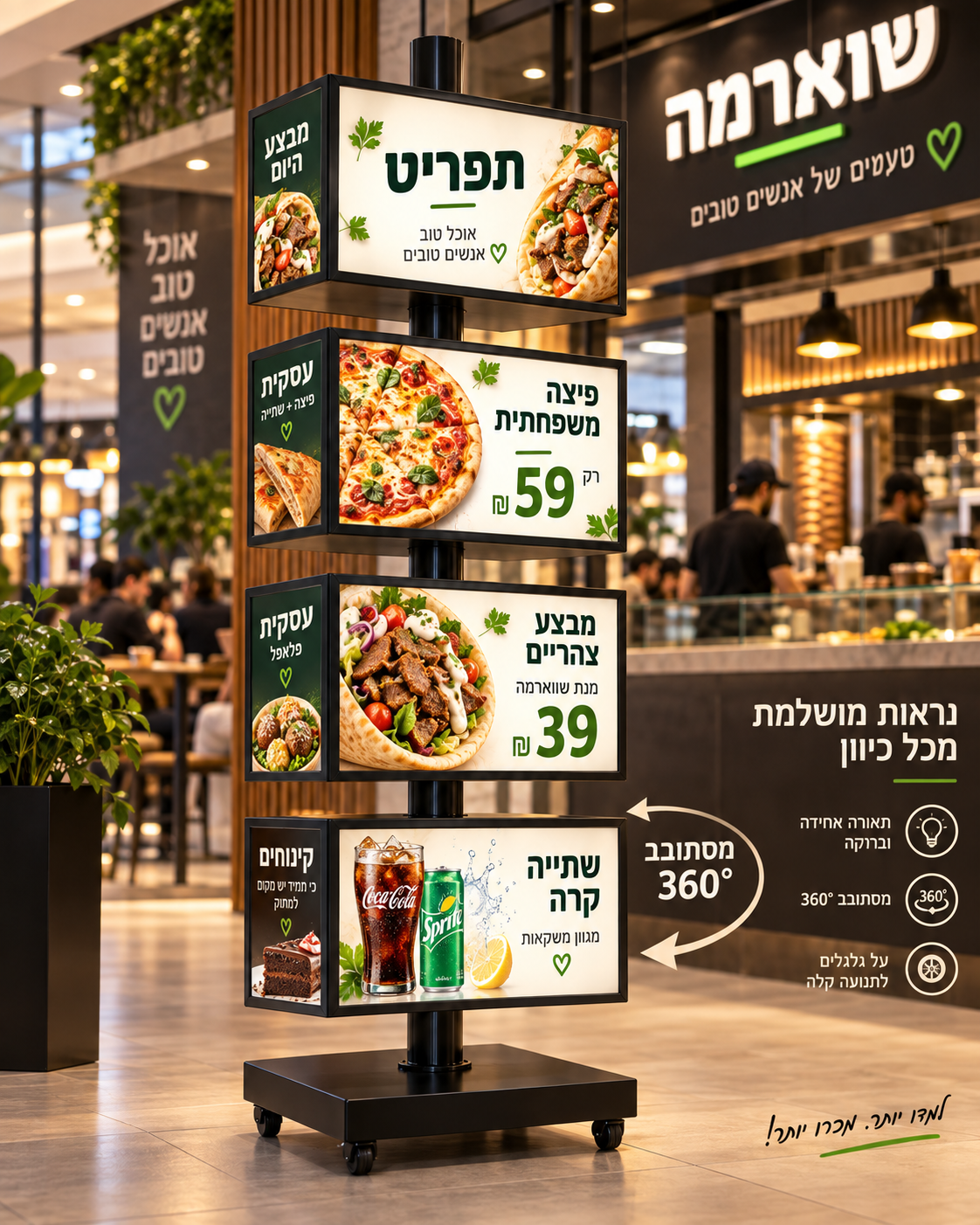 מתקן פרסום מסתובב מואר עם תפריט, מבצעי צהריים ושתייה