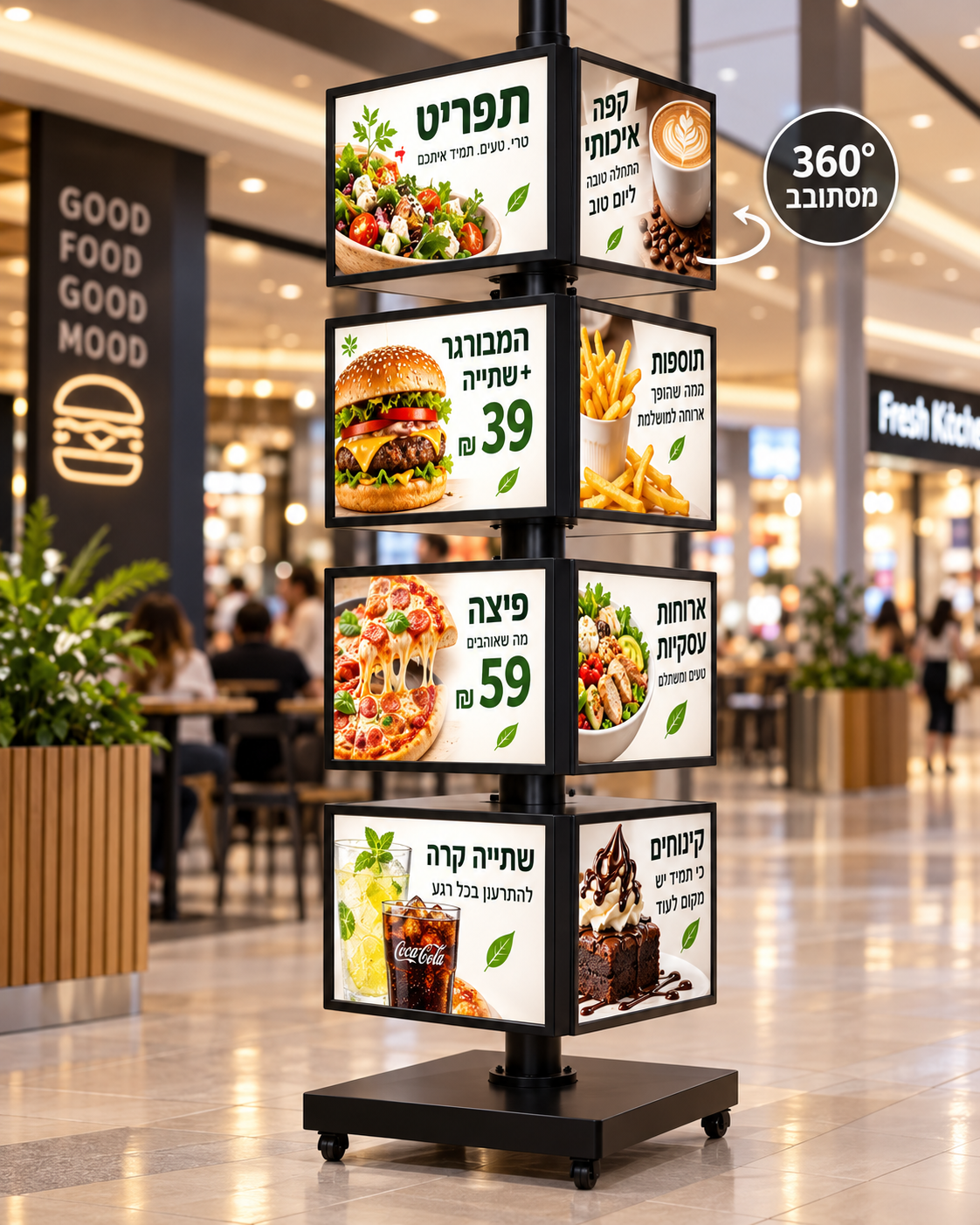 מתקן פרסום מסתובב מואר בקניון עם תפריט ומבצעים