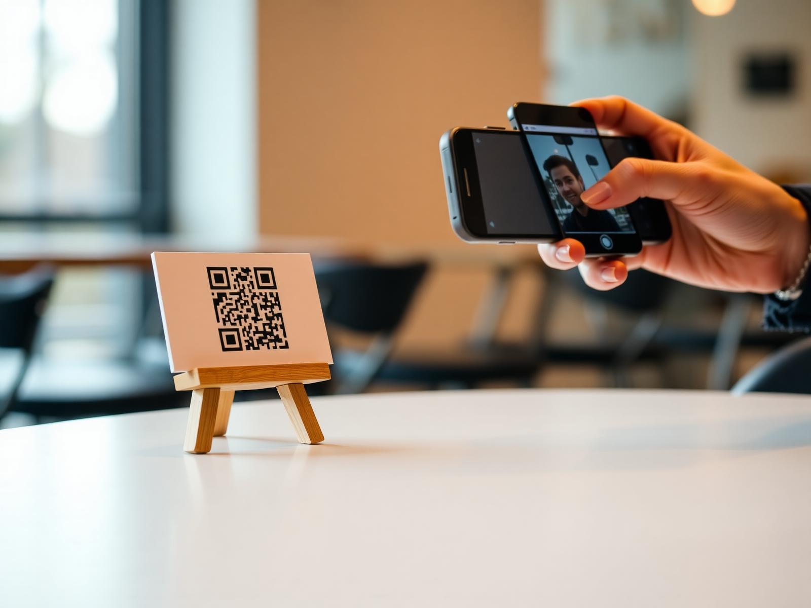 תפריט דיגיטלי QR — לקוח סורק קוד QR על שולחן בבית קפה